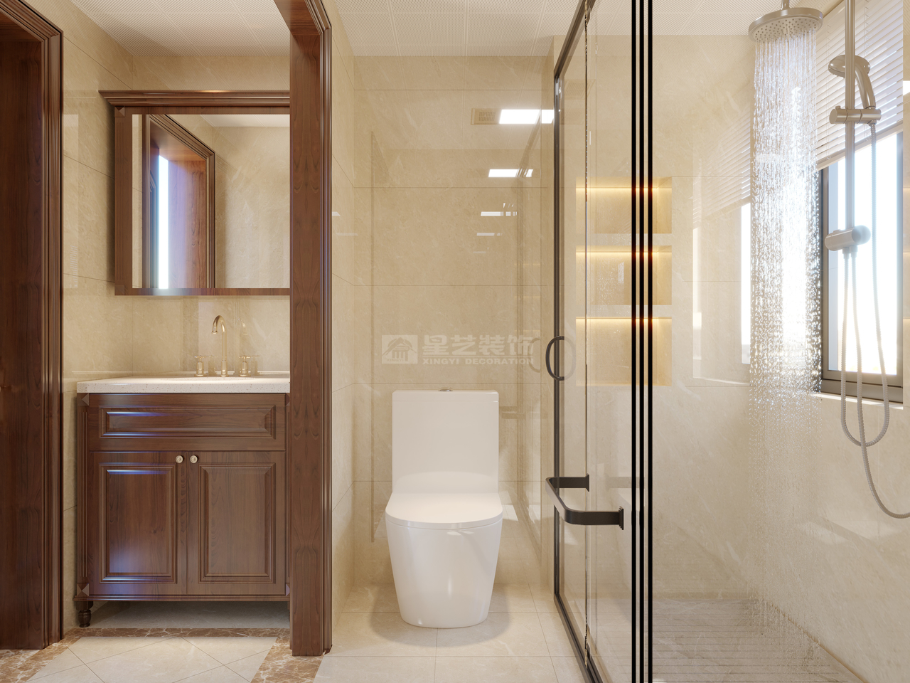 经典的暖色调彰显浴室的简洁、大方

现代的线条辅以明亮的光线，简约干净

原木家具烘托空间的自然气息，简单大气